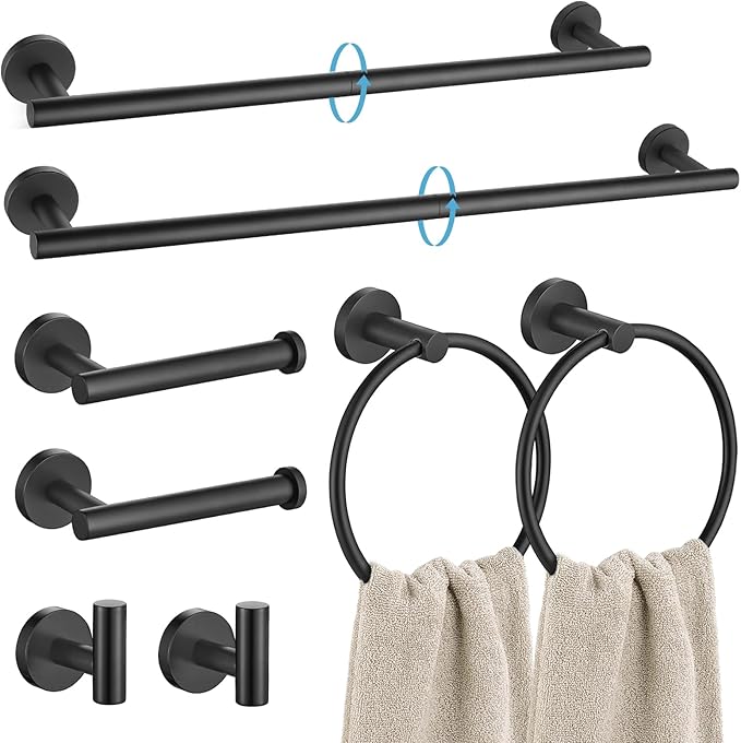 TURS Matte Black 8 Pieces Bathroom Hardware Set, SUS304 Stainless Steel 24 Inch and 20 Inch Bath Towel Bar Set, Round Bathroom Accessories Kit Wall Mounted Towel Holder