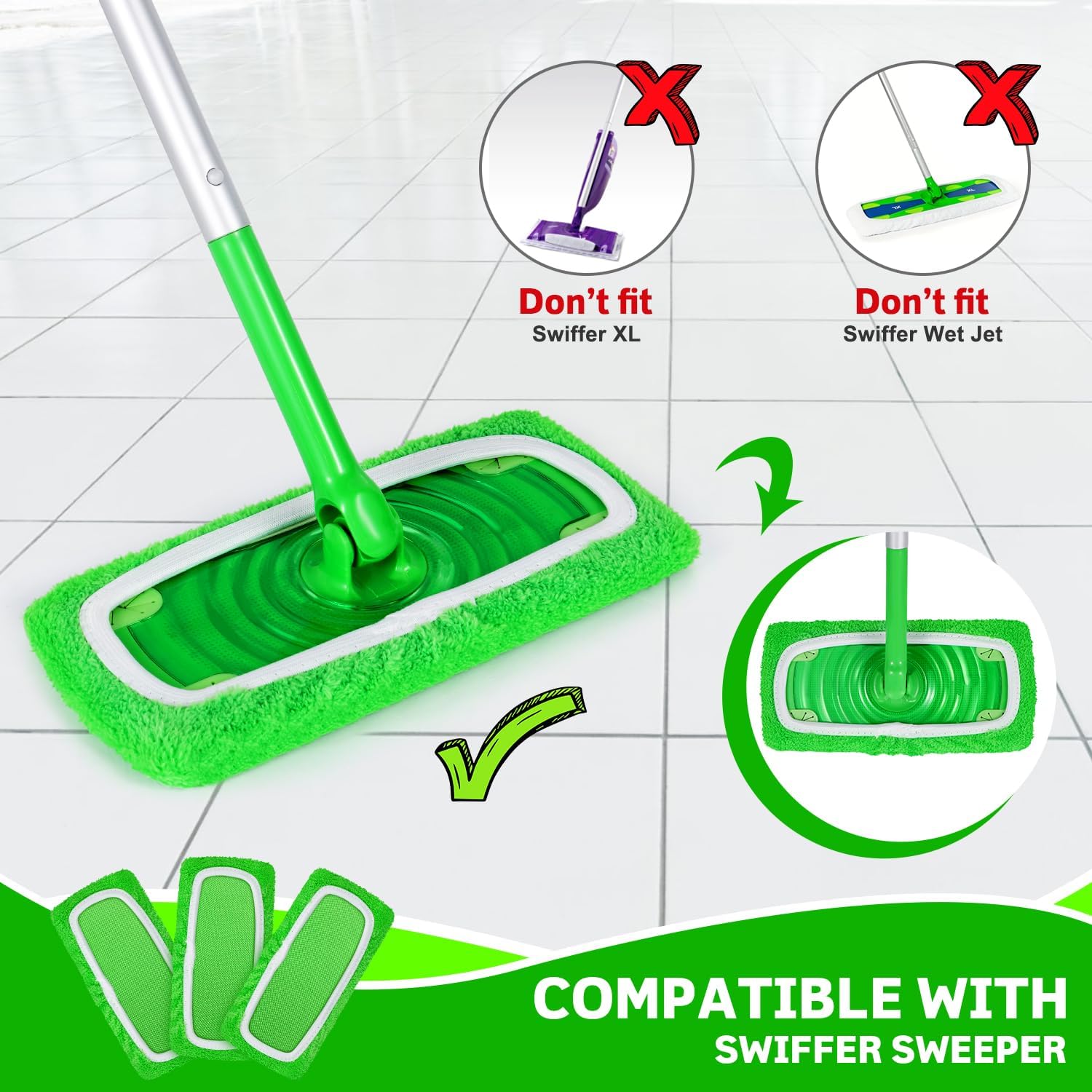 Reusable Microfiber Mop Pads Compatible with Swiffer Sweeper, 3 Pack Dry Sweeping Cloths & Wet Mopping Cloths, Washable Pads for Hardwood Floor Cleaning (Mop is Not Included)