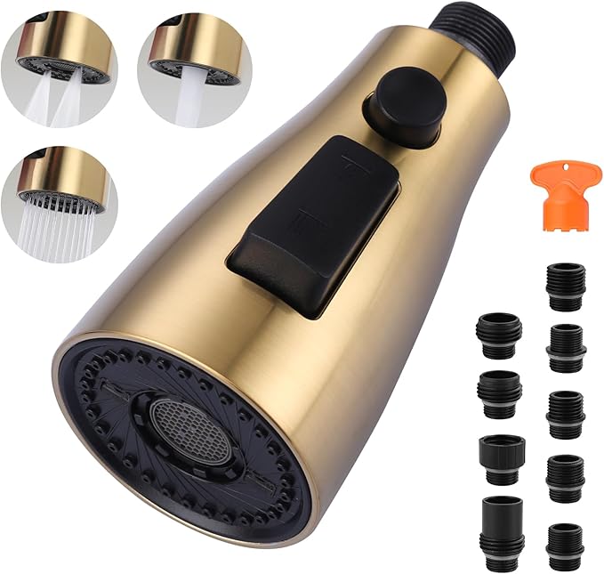 ARCORA Kitchen Faucet Spray Head Brushed Gold, 3-Function Kitchen Sink Spray Nozzle with 9 Adapters, Kitchen Faucet Head Replacement Compatible with Moen, Delta, American Standard Faucets