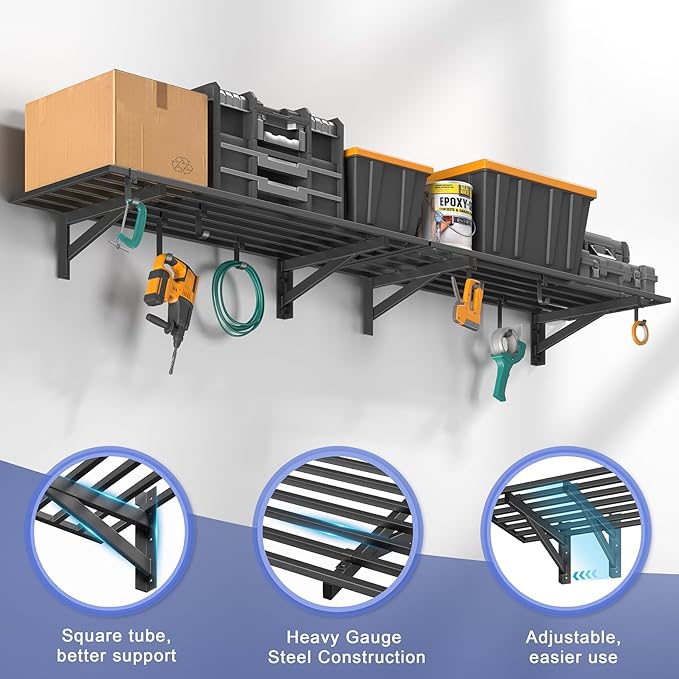 2-Pack 1.5x4ft Garage Shelving Wall Mounted, 1.5' x 4' Heavy Duty Garage Storage Shelves with Hooks, 400LB Capacity