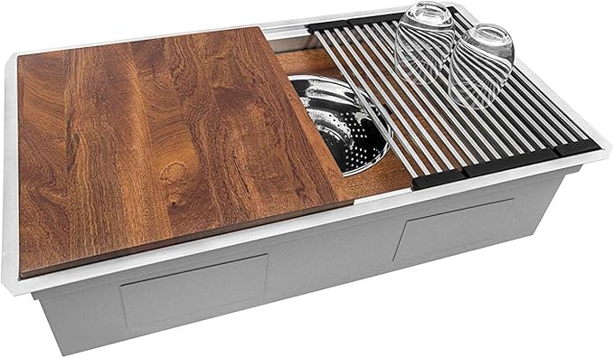 Ruvati 33-inch Rounded Corner 16 Gauge Stainless Steel Workstation Sink - Modern Two-Tiered Ledge Undermount Kitchen Sink, Perfect for Stainless Steel Sink Kitchens - RVH6222ST