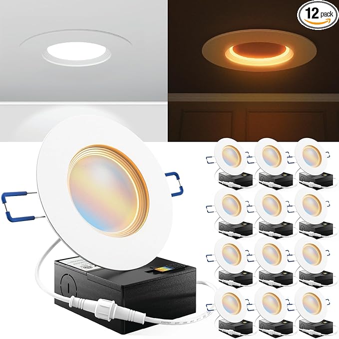 Sunco 12 Pack 10W 4 Inch LED Recessed Lighting Slim Baffle Retrofit Night Light for Indoor Living Dining Room Bedroom, 600 Lumens, Selectable CCT 2700K/3000K/4000K/5000K/6000K, Dimmable, AC120V - ETL