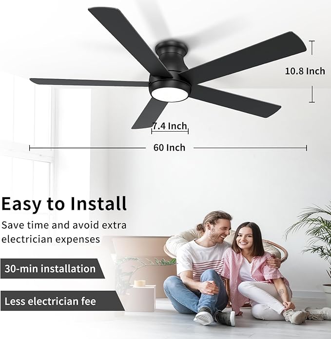 60 Inch Black Ceiling Fans with Lights and Remote, LED Low Profile Flush Mount Ceiling Fan for Bedroom, Living Room, Quiet DC Motor, Dimmable 6 Speeds