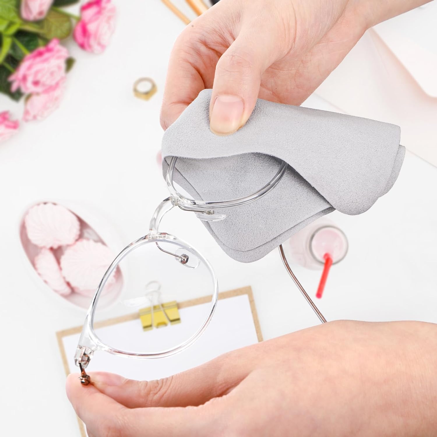 100 Pack Microfiber Glasses Cleaning Cloth, Ultra Soft Eyeglasses Wipe Suede, Washable Cleaner for Lens, Screens, Cameras, Phones, Electronics (7×6 Inch, Gray)