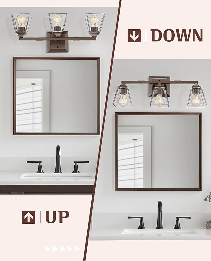 Farmhouse Bathroom Light Fixtures, HWH 3-Light Vanity Light Fixture Over Mirror, Industrial Wall Sconce Lighting with Square Bell Glass Shade, Oil-Rubbed Bronze Finish, 5HY68B-3W ORB