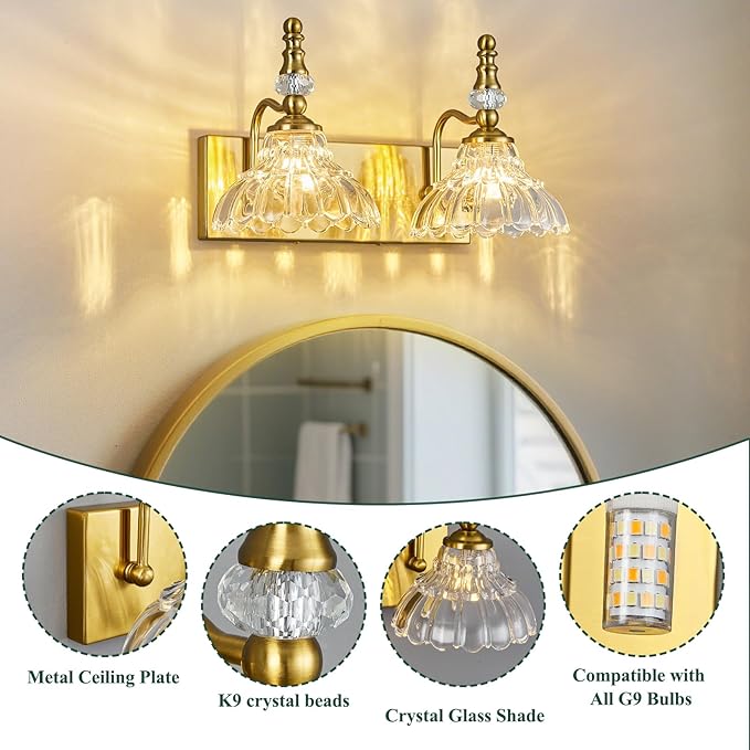 Vintage Bathroom Vanity Light, 2-Light Gold Vanity Lighting Fixture with Flower Glass Shade, Bathroom Lighting Fixtures Over Mirror