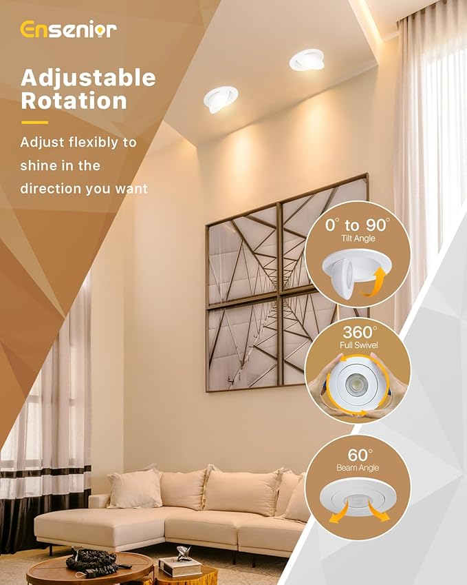Ensenior 12 Pack 4 inch Gimbal Led Recessed Light with Night Light, 90° Adjustable Directional Eyeball Lighting, Dimmable, 2700K/3000K/3500K/4000K/5000K, 700LM, 9W=85W-FCC Certified