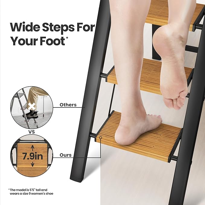 6 Step Ladder for 12 Ft High Ceiling, Folding Step Stool with Handgrip & Anti-Slip Wide Pedal, Portable Aluminum Stepladder for Kitchen, Home (300 lbs Capacity) - Black+Wood Grain