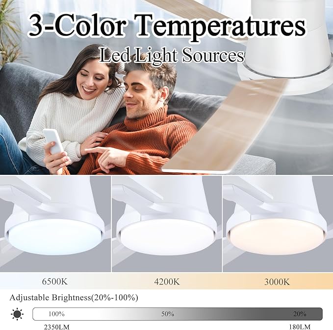 42 Inch Ceiling Fans with Lights and Remote,White Low Profile Ceiling Fan with Light,Flush Mount,Reversible,6 Speeds,3CCT Dimmable,for Bedroom,Living Room,Indoor Patio