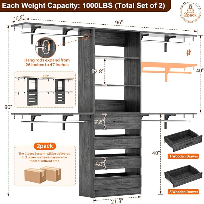Aheaplus Closet System with Drawers Set of 2, Wood Closet Organizer System with 8 Hanging Rods & Top Shelves, Walk-in Closets Organizer Wardrobe Clothes Rack, Cut Fits Spaces 4-9FT. Wide, Black Oak
