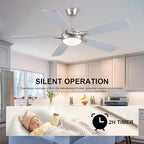 52 Inch Ceiling Fans with Lights and Remote, Modern Indoor Outdoor Ceiling Fan for Bedroom Living Room Patio Porch, 6 Speeds, Reversible Quiet Motor, Dual Finish Wooden Blades, Nickel