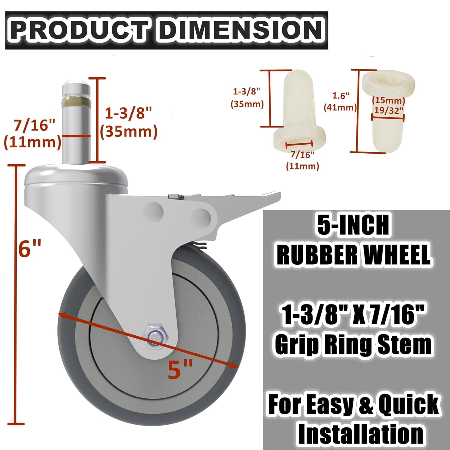 5-Inch Swivel Stem Caster, 7/16-Inch Stem Diameter Rubber Wheel, Heavy Duty TPR Thermoplastic Rubber Replacement Wheels, 225-lb per Wheel- 4 Pack(2 Brakes 2 Swivel)