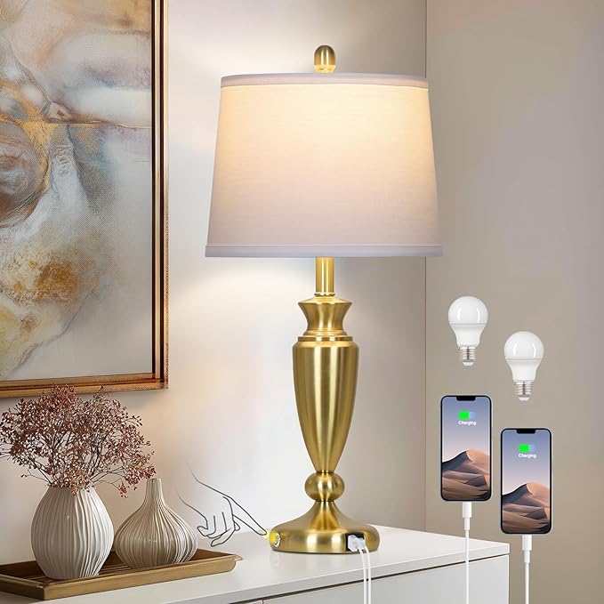 27" Gold Table Lamp Single, Touch Control Modern Bedroom Lamp with USB A+C Ports, 3-Way Metal Bedside Lamp, Elegant Brass Table Lamp for Night Stand Desk Side Table Office (Bulb Inclued)