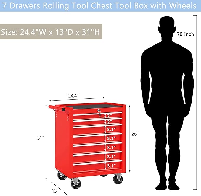 7 Drawers Rolling Tool Cart on Wheels, Multifunctional Metal Tool Storage Cabinet, Lock Tool Trolley Organizer Drawers Tool Box Tool Chest for Garage, Warehouse, Workshop, Repair Shop (RED)