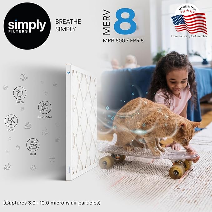Simply 20x25x4 Air Filter, MERV 8, MPR 600, 1 Pack, Furnace Air Filter for HVAC (Actual Size:19.5"x24.5"x3.63") DUST, Pet, & Allergy Control