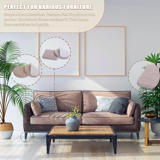 Yelanon Felt Furniture Pads for Hardwood Floors -216 Pcs Premium Felt Pads for Chair Legs, Floor Protectors for Furniture, Beige & Black