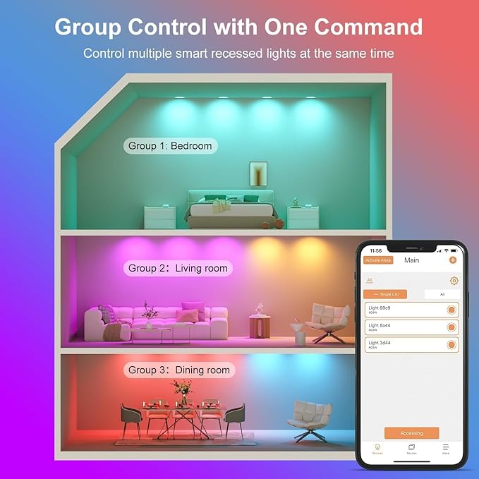 Smart Recessed Lighting 6 Inch RGBCW Color Changing 16W LED Downlight with Junction Box,1350 Lumen Recessed Ceiling Light Compatible with Alexa,Dimmable by Bluetooth Control -1Pack