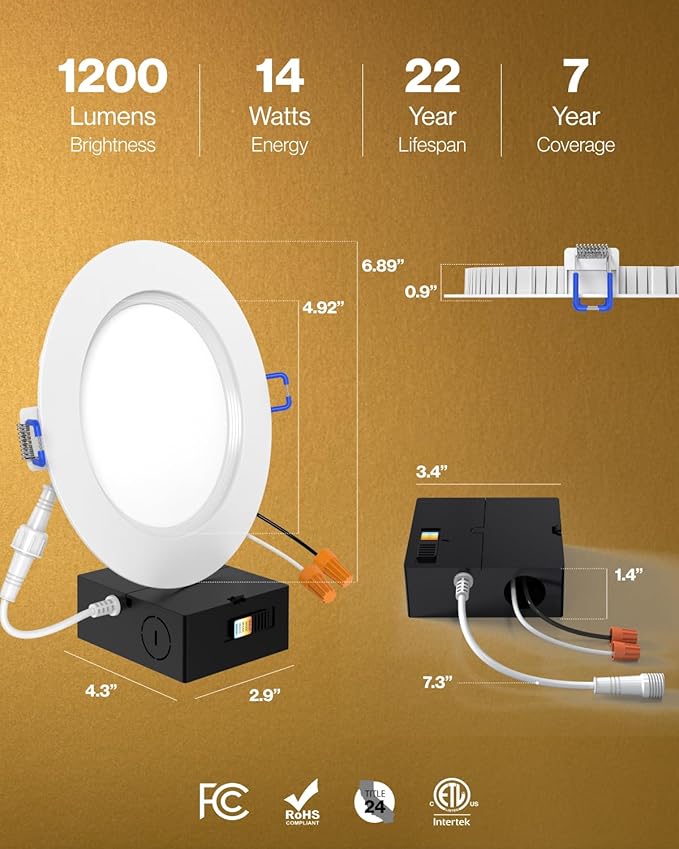 Sunco 12 Pack 6 Inch Ultra Thin LED Recessed Ceiling Lights Slim, Night Light, Baffle Trim, 2700K/3000K/4000K/5000K/6000K Selectable, Dimmable, 14W, Canless Wafer with Junction Box - ETL.