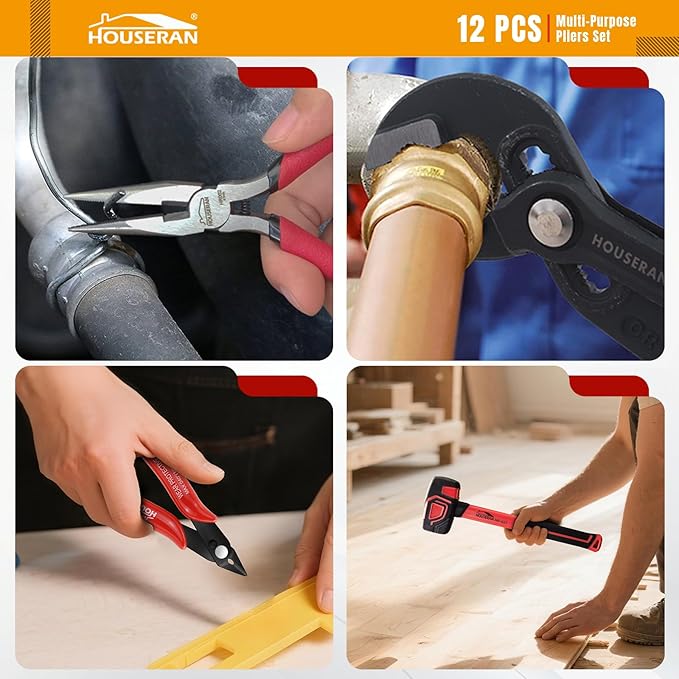 12-Piece Professional Tool Kit - Heavy Duty CRV Pliers Set, Rubber Mallet, Adjustable Wrench, Claw Hammer & Toolbox for Electrical, Household Repair, Automotive, Industries