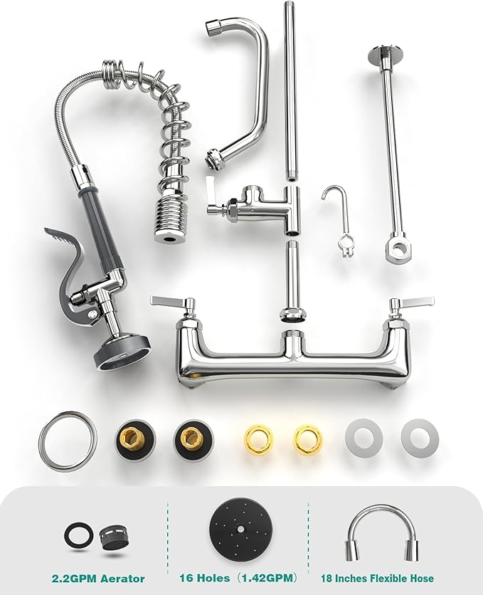 Commercial Kitchen Faucet Heavy Duty Wall Mount Sink Faucet, 8 Inch Center 25 Inch Commercial Kitchen Faucet with Pre-Rinse Sprayer （Grey） and 10 Inch Add-On Spout for 1,2,3 Compartment Sinks