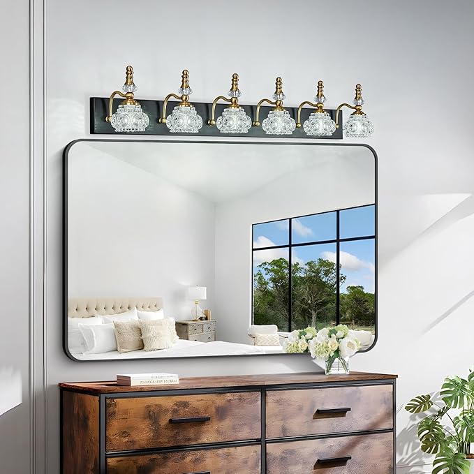 6-Light Vintage Bathroom Vanity Light Fixture Industrial Black Gold with Glass Shade Vanity Light Fixtures Over Mirror Glass Bathroom Vanity Lighting Fixtures G9 Bulb Wall Lights