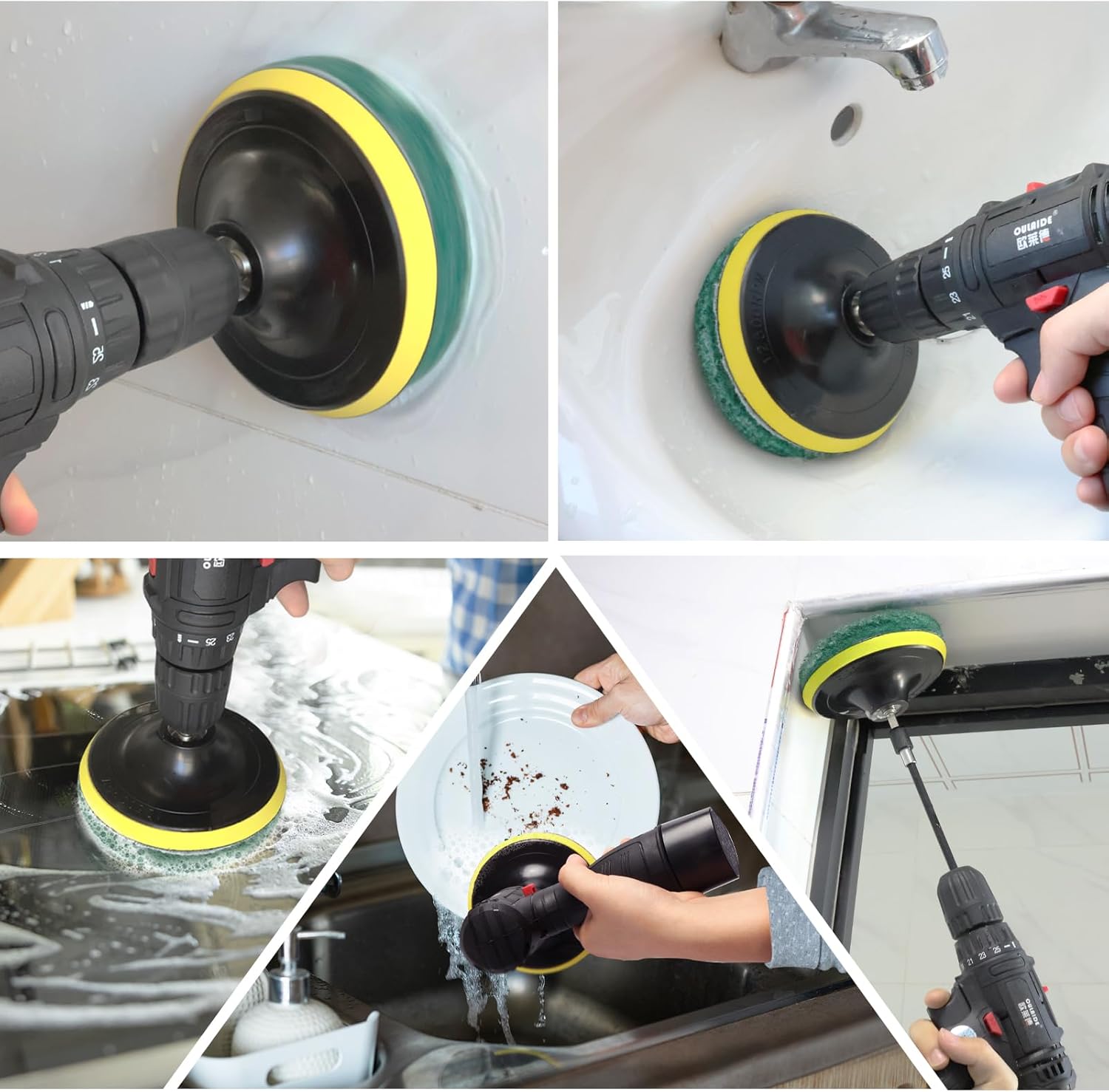 Power Scrub Pads Drill Attachment, GOH DODD 15 Pieces 5 Inch Headlight Restoration Kit Cleaning Kit Scouring Pads with Baker and Universal Shaft for Kitchen, Bathroom, Grout, Carpet, Tub, Grill, Tile