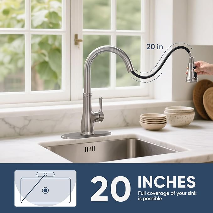 WEWE Vintage Kitchen Faucet with Pull Down Sprayer, Stainless Steel 1 or 3 Hole High Arc Single Handle Antique Sink Faucet for Classic Modern Ktichen, Brushed Nickel