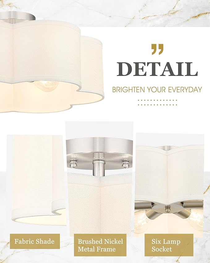 Semi Flush Mount Ceiling Lights, 6-Light 18" Ceiling Light Fixtures with Fabric Shade in Flower Shape, Brushed Nickel Farmhouse Drum Lighting for Nursery Bedroom Kitchen, AD-22007-6SF-SN