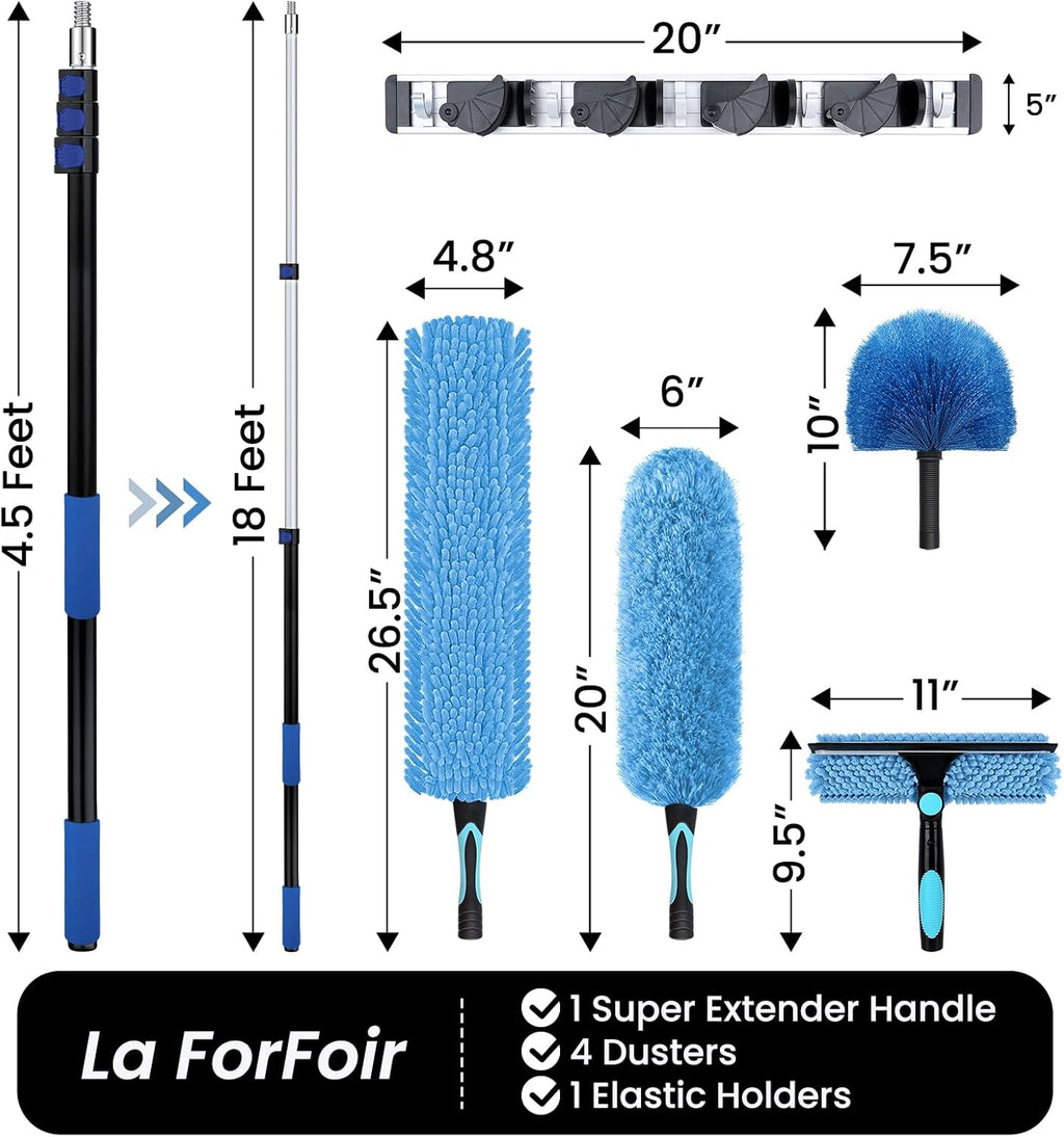 25ft High Ceiling Duster Kits with 5-18ft Heavy Duty Extension Pole - Fan Blade Cleaner, Cobweb Remover & Blue Window Squeegee Kit, Washable Dust Brush for High Roof and Glass Surfaces