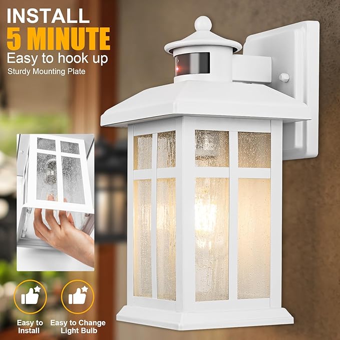 Dawn to Dusk Motion Sensor Wall Light Fixtures - White Wall Mount with E26 Sockets & Tempered Glass, Waterproof Outdoor & Indoor Lights for House, Porch, Garage, Door