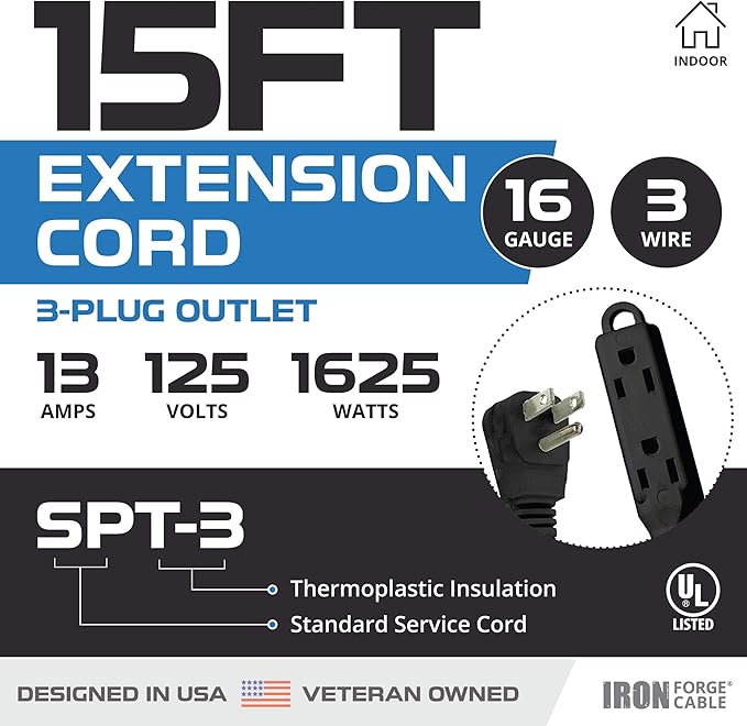 Iron Forge Cable 2 Pack 15 ft Flat Plug Black Extension Cord with 3 Outlets - 16/3 SJTW 3 Prong Indoor Extension Cord with Multiple Outlets