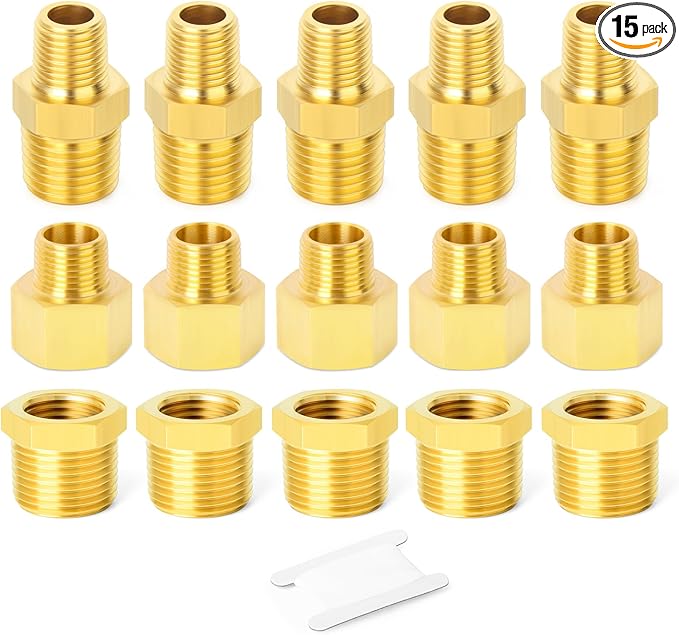 GASHER 15PCS Brass Pipe Fitting, Hex Bushing, Reducer Adapter, Reducing Hex Nipple 1/2 Inch NPT x 1/4 Inch NPT