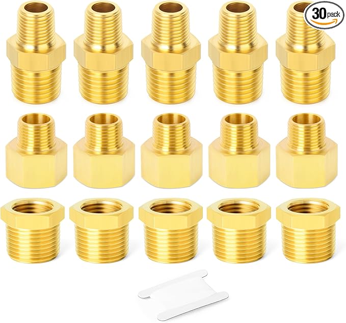 GASHER 30PCS Brass Pipe Fitting, Hex Bushing, Reducer Adapter, Reducing Hex Nipple 1/2 Inch NPT x 1/4 Inch NPT
