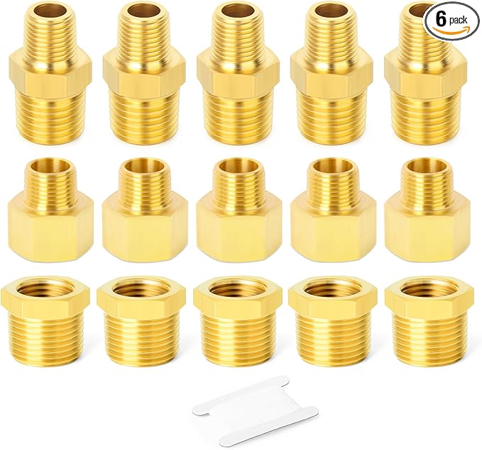 GASHER 6PCS Brass Pipe Fitting, Hex Bushing, Reducer Adapter, Reducing Hex Nipple 1/8 Inch NPT x 1/4 Inch NPT
