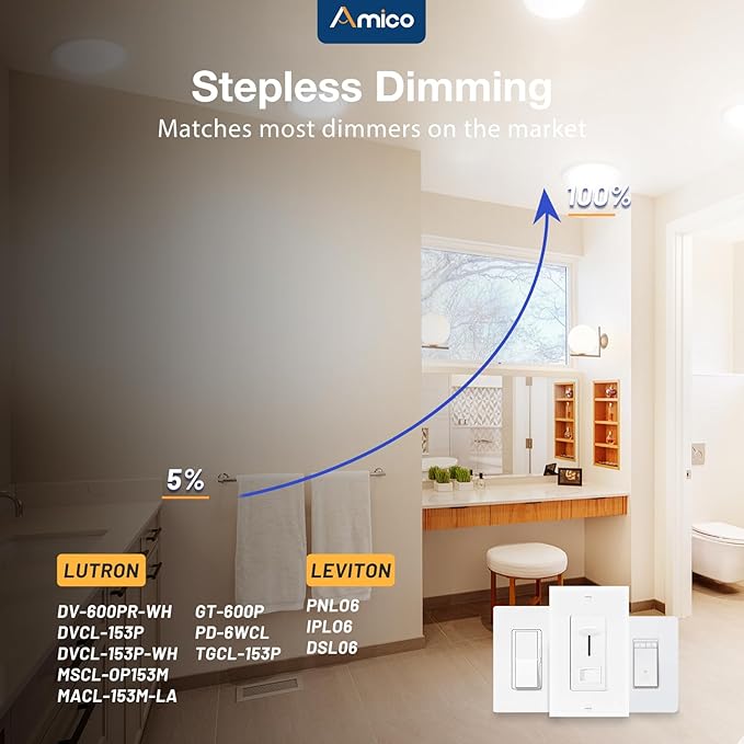 Amico 24 Pack 8 Inch 5CCT Ultra-Thin LED Recessed Ceiling Light with Junction Box, 2700K/3000K/3500K/4000K/5000K Selectable, 18W Eqv 125W, Dimmable Canless Wafer Downlight, 1500LM High Brightness -ETL