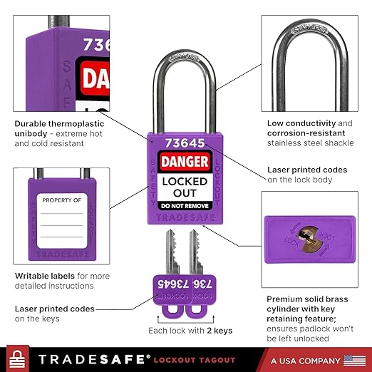 TRADESAFE Lockout Tagout Locks Set - 7 Purple Loto Locks, Lockout Locks Keyed Different, 2 Keys Per Lock, OSHA Compliant Lock Out Tag Out Padlocks, Safety Padlocks for Electrical Lockout Tag Out Kits