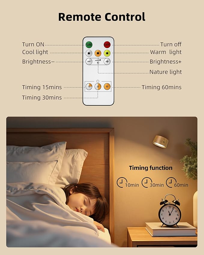 LED Wall Mounted Lights, Rechargeable Wall Sconces Lamp, 3 Color Temps & Remote and Touch, 360°Rotation Dimmable Cordless Wall Light for Study Bedroom Reading Bedside(Wood, 1 Pack)