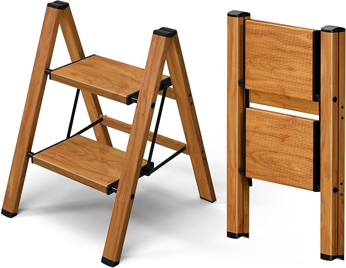 Taranta 2 Step Ladder,Aluminum Lightweight Folding 2 Step Stool with Anti-Slip Wide Pedal, 330lbs Capacity Step Ladder for Household,Kitchen,Office - Woodgrain