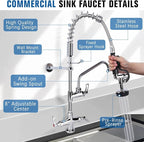 36" Height Commercial Sink Faucet Deck Mount with Pre-Rinse Sprayer, Commercial Kitchen Faucet with 10" Add-on Swing Spout Faucet & Spring Pull Down Sprayer, 8" Adjustable Center Kitchen Faucet