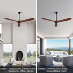 60 Inch Ceiling Fans Without Light, Solid Wood Ceiling Fan No Light with Remote and 3 Wood Blades,6 Speed Quiet DC Motor Indoor Outdoor Ceiling Fans for Patio, Living Room, Bedroom