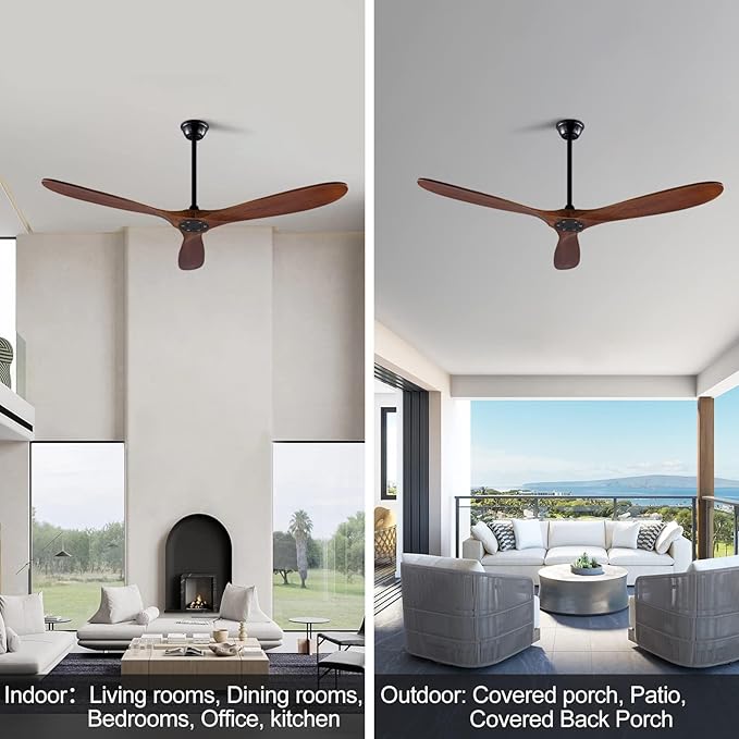 60 Inch Ceiling Fans Without Light, Solid Wood Ceiling Fan No Light with Remote and 3 Wood Blades,6 Speed Quiet DC Motor Indoor Outdoor Ceiling Fans for Patio, Living Room, Bedroom