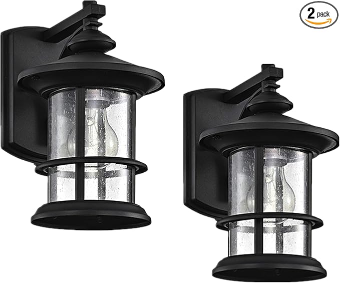 MICSIU Textured Black Outdoor Wall Sconce 2 Pack, Waterproof Exterior Wall Lighting Fixtures with Clear Seedy Glass, 10" Outside Lights for House Front, Porch, Patio, Backyard