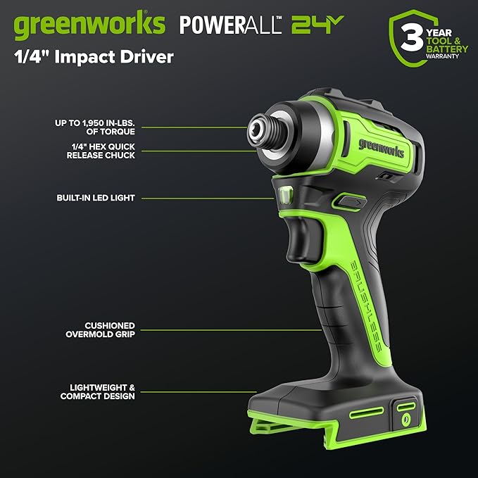 Greenworks 24V Cordless Brushless 400 in-lbs Drill/Driver+1950 in-lbs Impact Driver Combo,High Torque, Lightweight, (2) 2.0Ah USB-C Batteries(12,000mAh Power Bank) and 65W USB-C Fast Charger(3-Port)