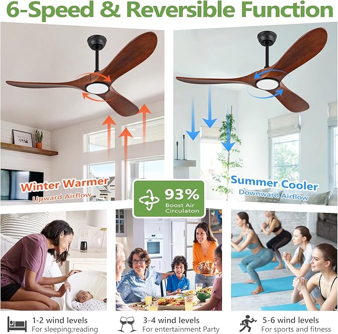 52 Inch Solid Wood Ceiling Fans with Lights 3CCT Dimmable Outdoor Ceiling Fan with Light and Remote Modern 3 Blades Propeller Ceiling Fans DC Motor for Patios Indoor Bedroom, Dark Walnut