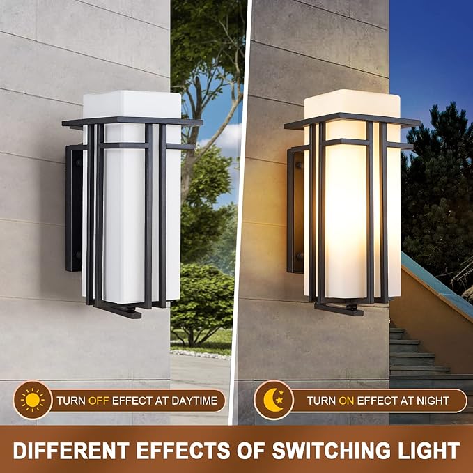 Outdoor Porch Light Wall Mounted Waterproof Wall Lantern Exterior Light Fixture for Entryways Yards Garage Front Porch, Square Metal Frame with Frosted Glass, Black