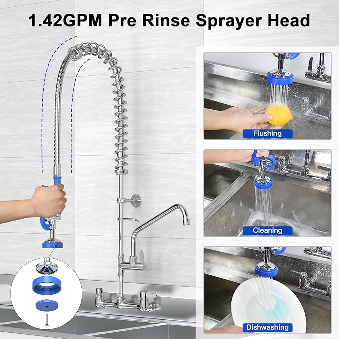 Commercial Faucet with Sprayer for Kitchen Cook : Akwadu Wall Mount Commercial Kitchen Faucet with Pull-Down Pre Rinse Sprayer 8" Center with 12" Add-On Spout - 36" Height Sink Faucets for Staff Chef