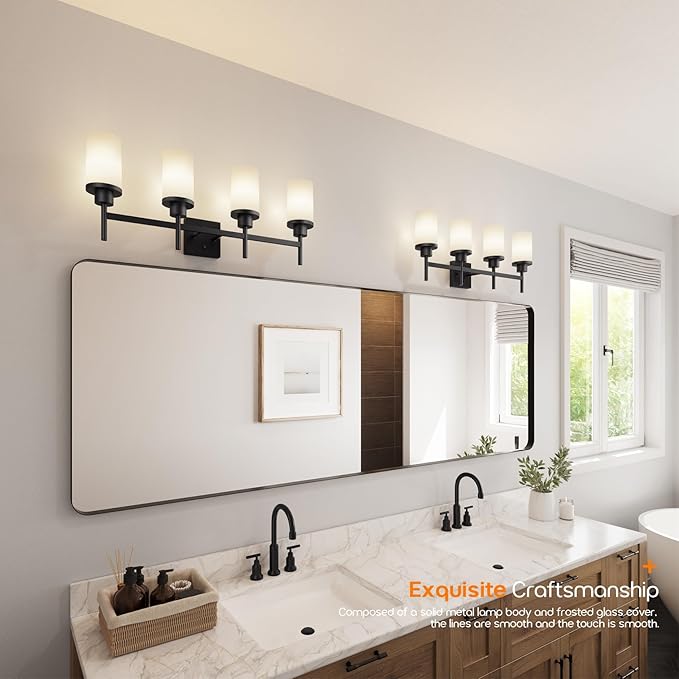 Wall Light Fixtures 4-Light Over Mirror, Matte Black Vanity Lights with White Frosted Glass Shade, Wall Sconces for Bathroom Kitchen T001MB-L4