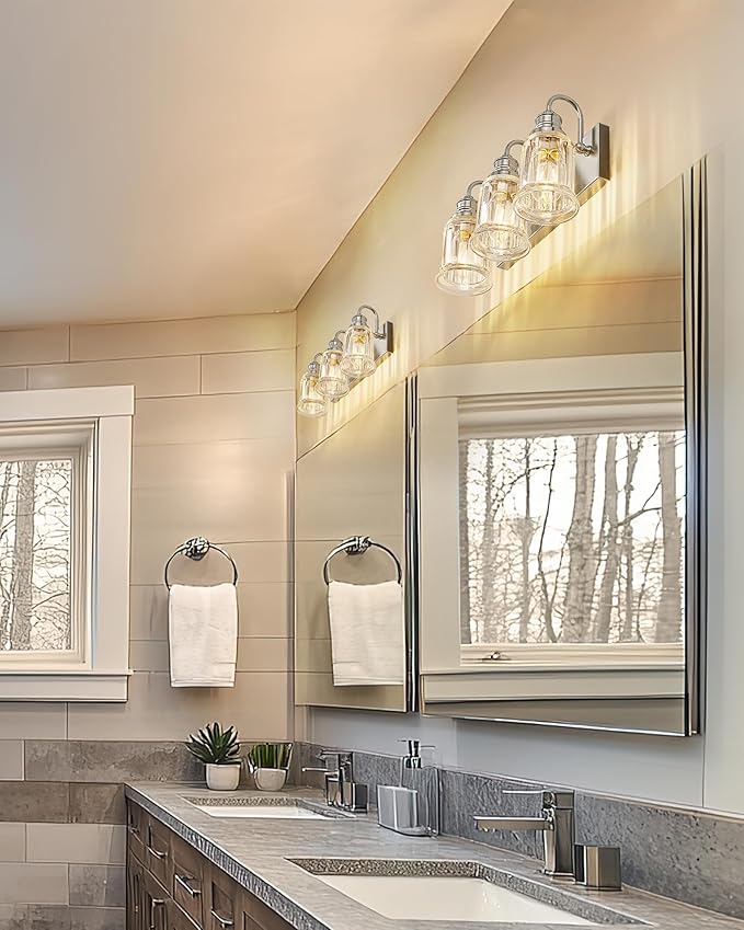 Bathroom Light Fixture, HWH 3-Light Vanity Light Brushed Nickel Modern Bathroom Lights Over Mirror, Bell-Shaped Fluted Glass, 5HZG106B-3W BN