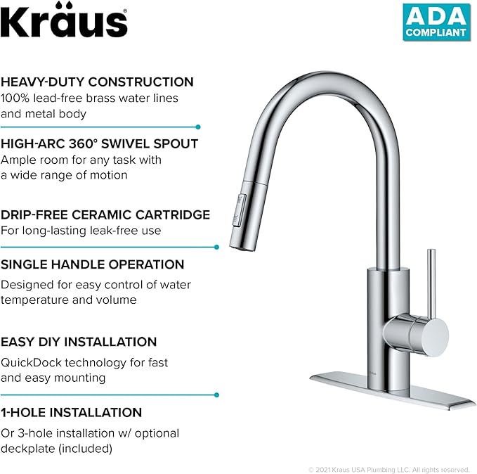 KRAUS Oletto Single Handle Pull Down Kitchen Faucet with QuickDock Top Mount Installation Assembly in Chrome, KPF-2620CH