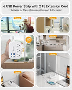 Short Extension Cord 2 Foot- 6 USB(3 USB C) Travel Power Strip with 24W USB Charging Station and 3 Outlets, 2ft Small Flat Plug Extension Cord Surge Protector for Travel Home College Dorm 13A